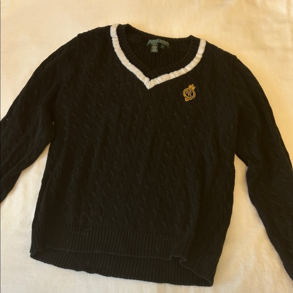 Lauren Active V-Neck Sweater - Black and White gold Crest L
